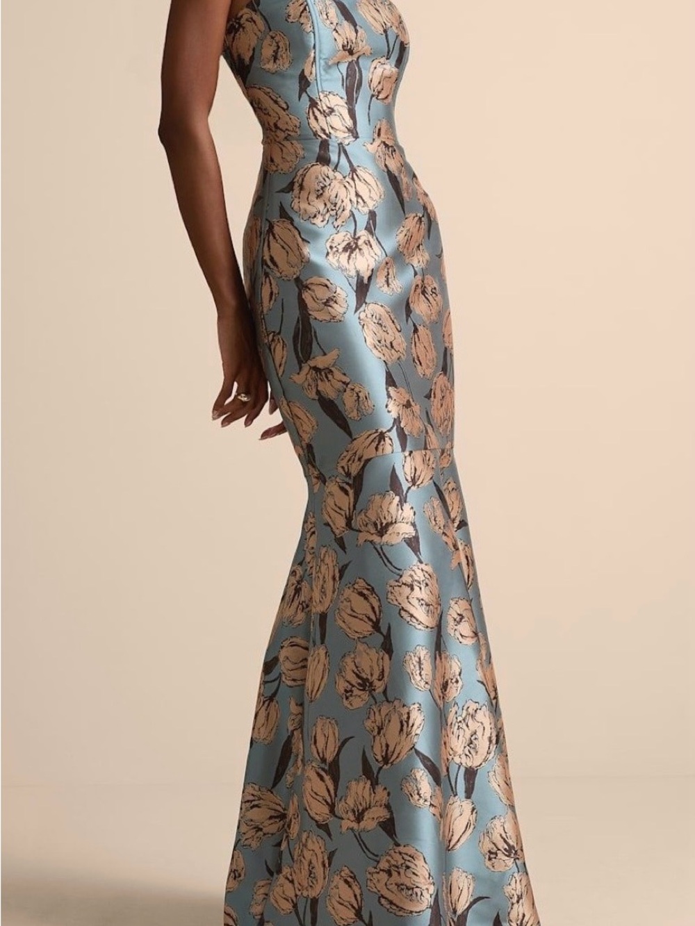 Lulu's Slate Blue Floral Jacquard Mermaid Gown - Picture 2 of 6